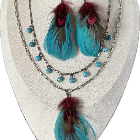 SHYANNE-Feather and Bead Jewelry Set in Turquoise and Silver - Picture 3 of 4
